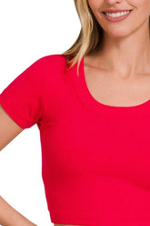 Zenana Ribbed Scoop Neck Crop Short Sleeve Top OutfitFlow